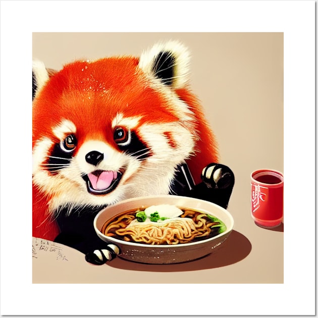 Kawaii Red Panda Eating Ramen Wall Art by Grassroots Green